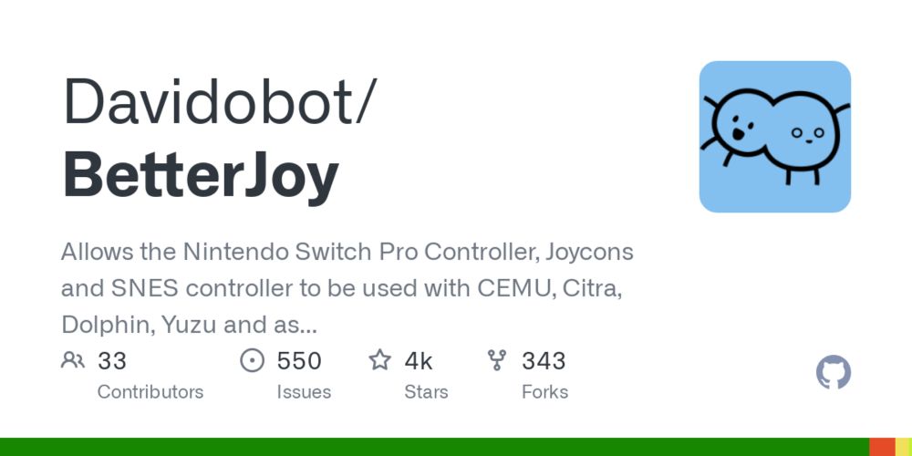 GitHub - Davidobot/BetterJoy: Allows the Nintendo Switch Pro Controller, Joycons and SNES controller to be used with CEMU, Citra, Dolphin, Yuzu and as generic XInput