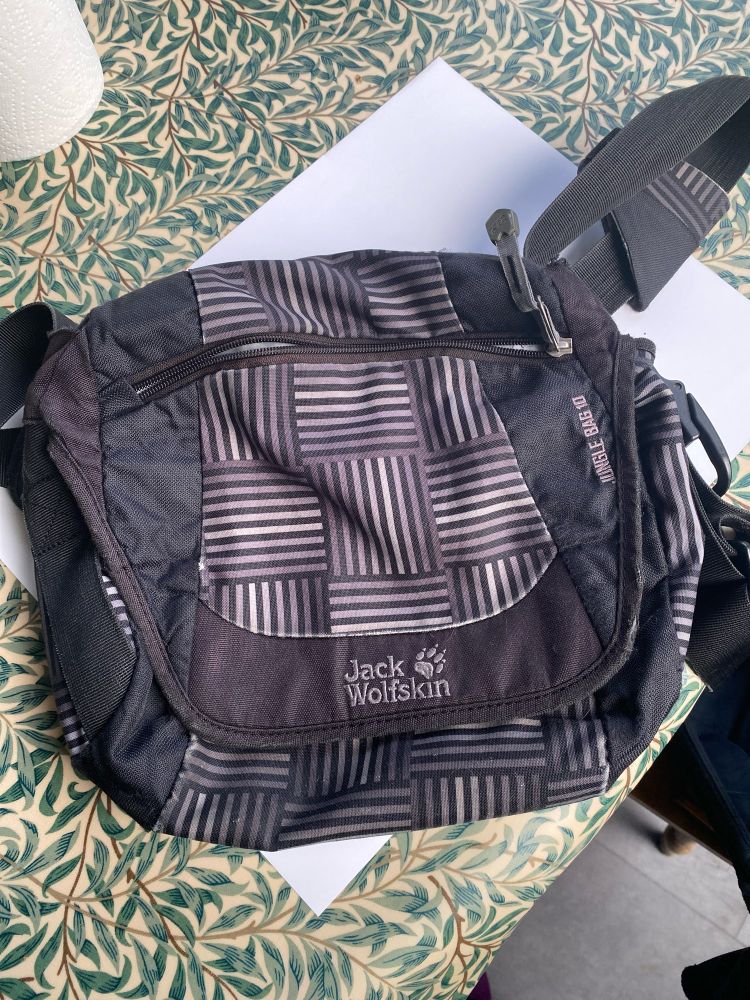Small black and grey canvas handbag with Jack Wolfskin label.  