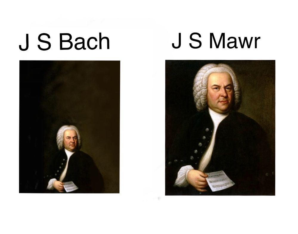 A picture of a small JS Bach labelled “JS Bach” A picture of a large JS Bach labelled JS Mawr