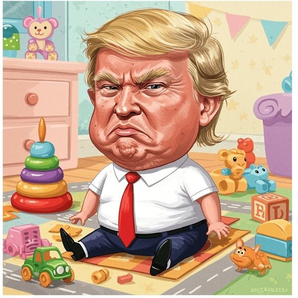 Donald Trump depicted as a sulking cartoon baby seated in a room of toys