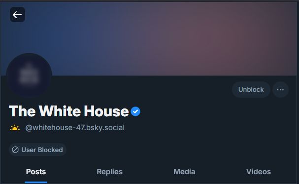 Screenshot showing "The White House" BlueSky Account is blocked.