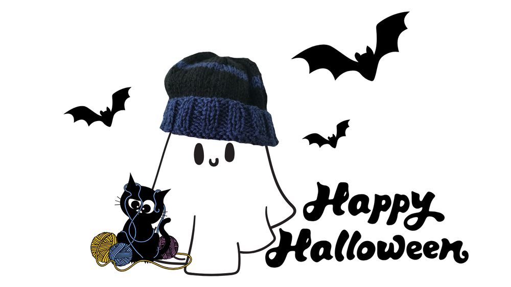 Ghost wearing a hand-knit black and blue beanie hat. Three bats flying and black cat tangled in yarn. Text says- Happy Halloween.