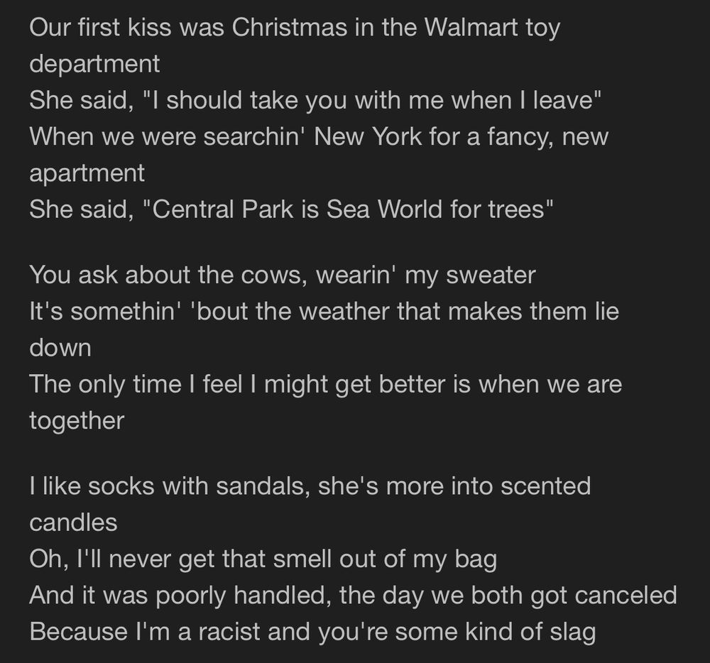 The first verse, chorus, and second verse of "When We Are Together" by the 1975.

They go:

"Our first kiss was Christmas in the Walmart toy department
She said, 'I should take you with me when I leave'
When we were searchin' New York for a fancy, new apartment
She said, 'Central Park is Sea World for trees'

You ask about the cows, wearin' my sweater
It's somethin' 'bout the weather that makes them lie down
The only time I feel I might get better is when we are together

I like socks with sandals, she's more into scented candles
Oh, I'll never get that smell out of my bag
And it was poorly handled, the day we both got canceled
Because I'm a racist and you're some kind of slag"