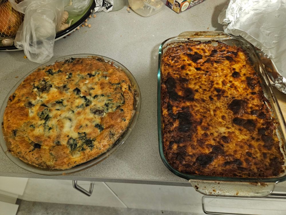 A mushroom spinach quiche on the left, a small lasagna on the right.