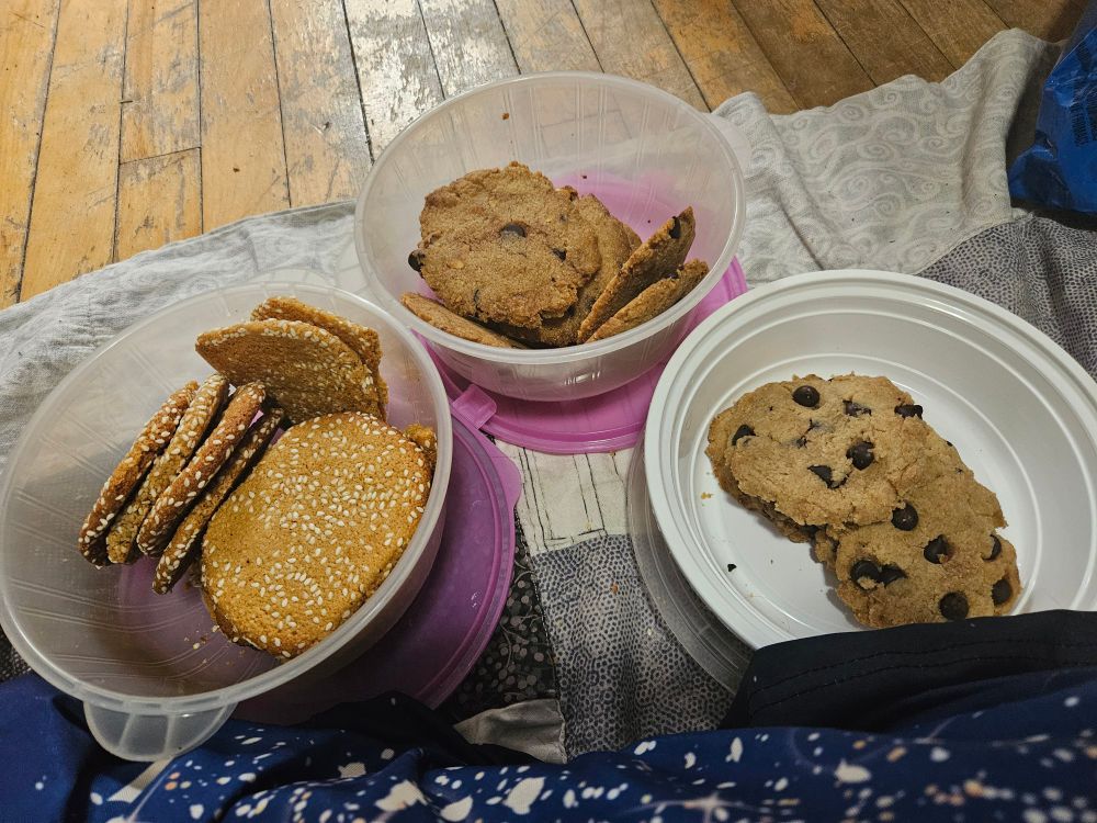 Tabony and honey cookies, chocolate chip and hazelnut chocolate chip cookies.