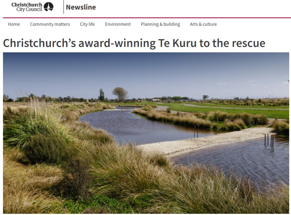 Screenshot of the Christchurch City Council news article about Te Kuru stormwater management facility.