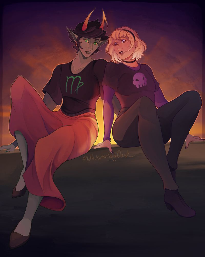 Kanaya Maryam and Rose Lalonde from Homestuck sitting on a ledge looking down at the viewer, with the setting sun behind them.