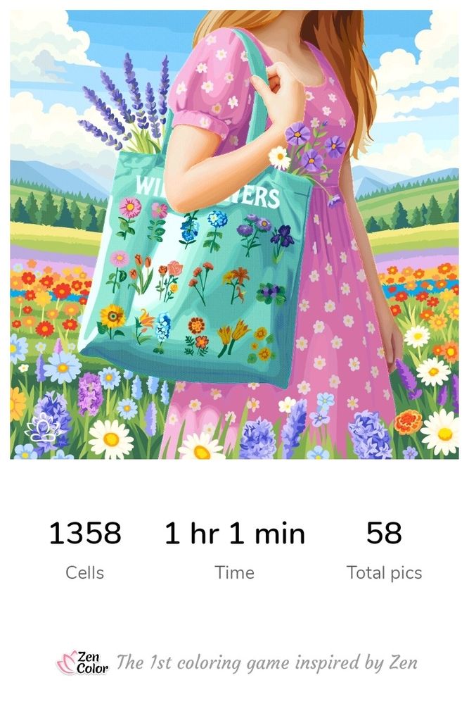 A digital colouring picture of a girl in a field of flowers, wearing a pink flowery dress. 1358 cells, 1 hr 1min to colour.