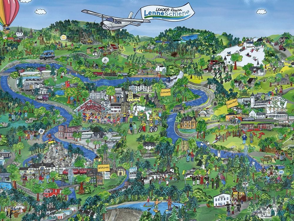 Das Bild zeigt einen Ausschnitt von einer Anzeigewand, die mit einem Wimmelbild bedruckt ist.
Darauf zu sehen sind in der Mitte die ersten drei der sechs Regionen der sogenannten "LenneSchiene" im mittleren Lennetal, also Finnentrop, Plettenberg und Werdohl.
