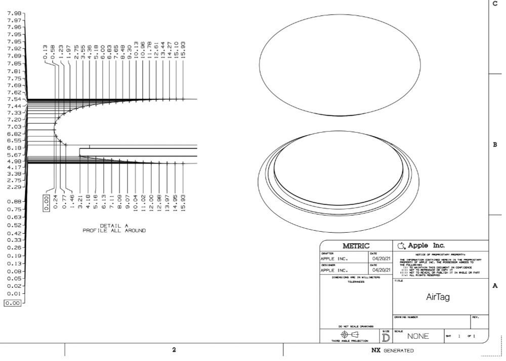 A technical drawing of an AirTag with many, many callouts describing the curvature of an AirTag.