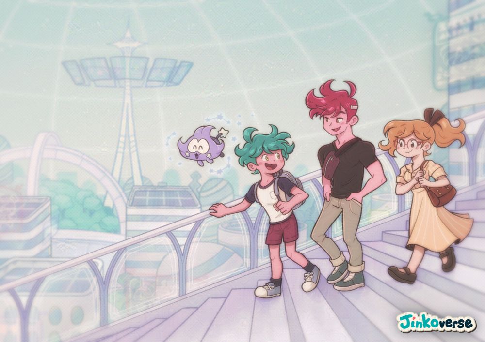 An illustration of Jinko, Yusah and Pola walking down some stairs into the city. 

They’re all wearing casual outfits: 

Jinko’s sporting a nice baseball tshirt with some red shorts and a grey backpack

Yusah’s wearing a black v neck tshirt with brown pants and a crossbody bag 

Pola’s wearing a nice yellow summer dress with white stripes and a brown handbag