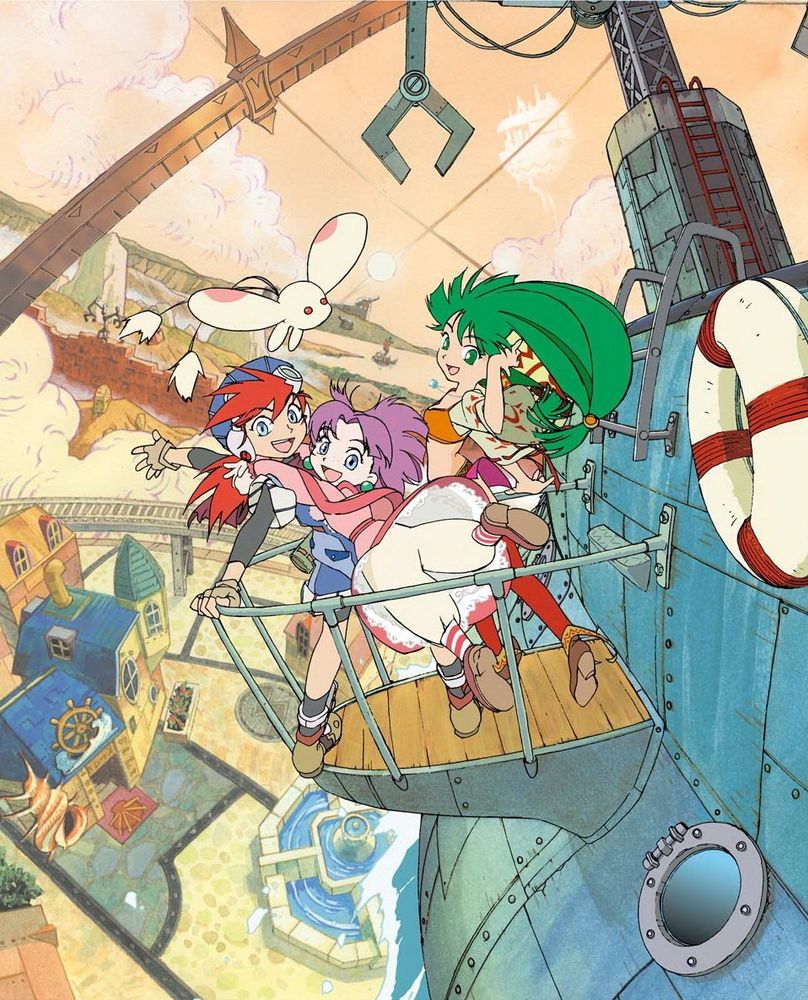 Grandia Promotional Art drawn by Toshiaki Hontani featuring characters Justin, Sue and Feena on the side of an airship over the town of Parm.