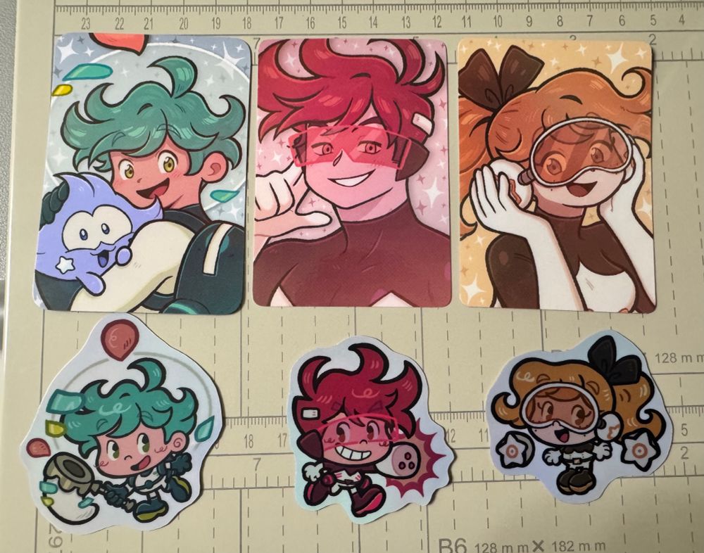 Showcase of my Jinkoverse photocards and stickers featuring Jinko, Byte, Yusah and Pola
