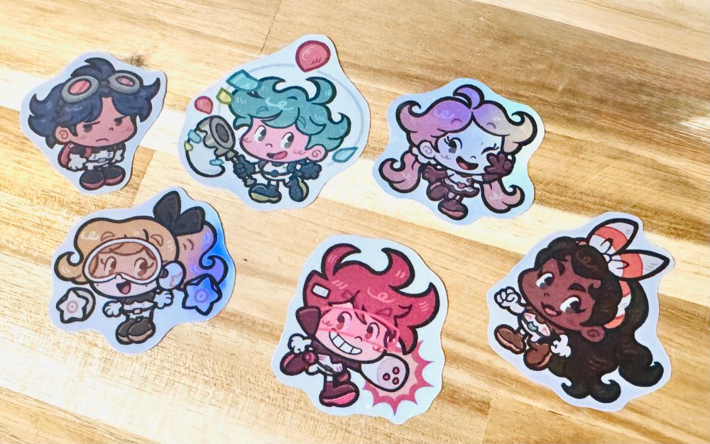 Showcase of my Holographic Jinkoverse stickers featuring Jinko, Yusah, Pola, Della, Rivelle and Copper