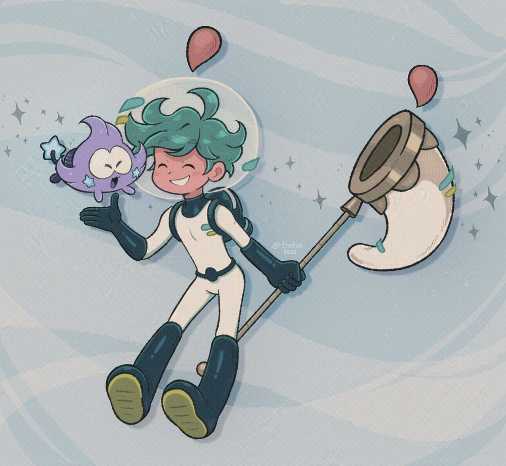 A Pin up full body illustration of my OC Jinko and his space alien companion Byte. They both are grinning widely in an abstract light blue space filled with dark blue sparkles.