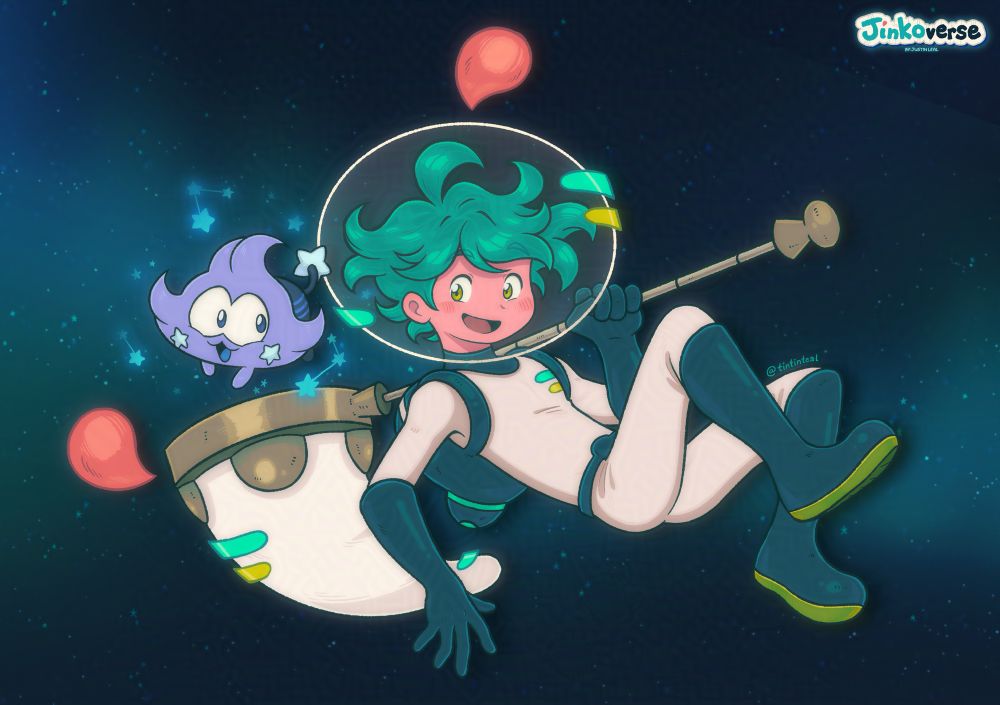 New Render of my OCs, Jinko and Byte.  Jinko is floating in space next to Byte with a happy look on his face, he’s wearing his Astralnaut suit with his Butterfly net and his helmet activated. Byte is looking back at Jinko with a happy expression, he’s also surrounded by constellation stars.