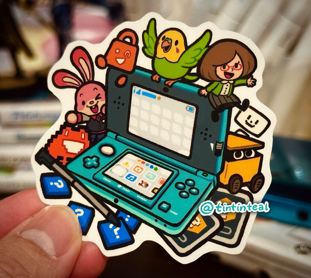 Photo of my 3DS Sticker featuring the system’s many characters including:
- Flipnote Studio’s Frog
- Nintendo 3DS Sound Parakeet
- AR Games: Mr. AR
- Swapnote Nikki
- Nintendo EShop Bag
- Nintendo Badge Arcade Bunny