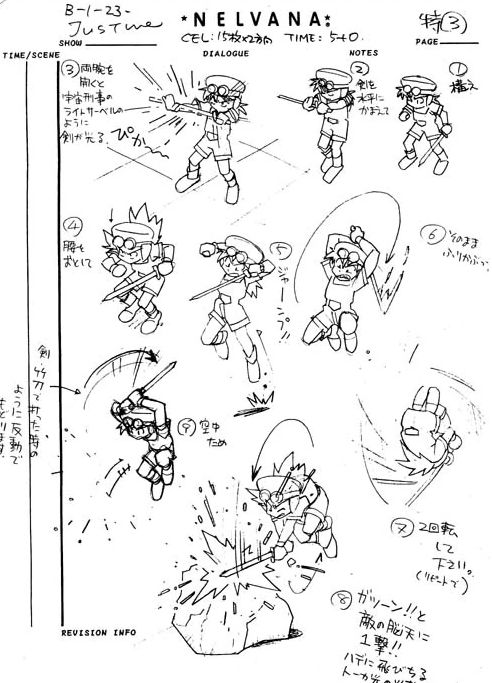 Grandia Production Documentation for Character Animations: Features Justin and notes for his combat animations