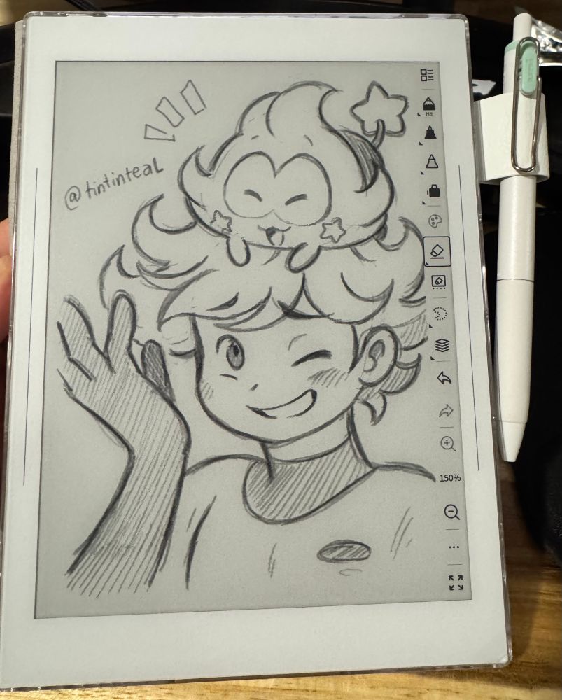 Sketch of Jinko and Byte on my Supernote Nomad, Byte is perched on Jinko’s head