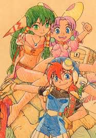 Art render of Justin, Feena and Sue from Grandia drawn by Toshiaki Hontani.