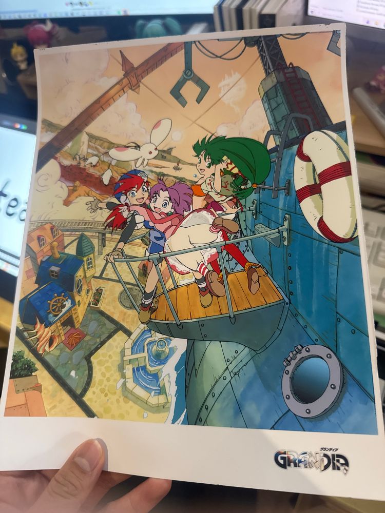 Print out test of Grandia Promotional Material featuring Justin, Sue and Feena