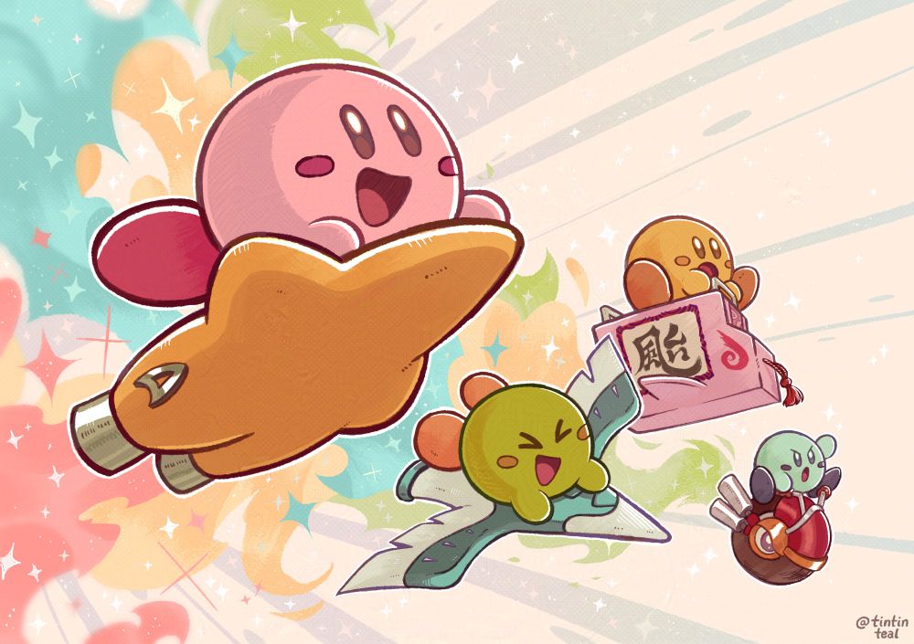Fanart of the recently announced Kirby Air Riders game releasing on the Nintendo Switch 2 System in 2025. Depicts Pink, Green, Yellow and Blue Kirby riding Kirby Air Ride vehicles in a dynamic white space. Red, Blue, Yellow and Green flames are trailing the driving Kirbys.