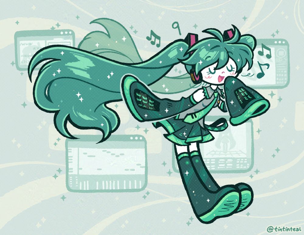 Illustration of a cartoony styled Hatsune Miku singing with oversized sleeves. Behind her are computer windows of NicoNico Douga, the Vocaloid Editor software, the 3D Animation Software MikuMikuDance and a random art program