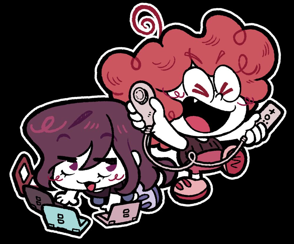 Little doodle of Maedotmkv and Hazel playing Pokemon together on stream