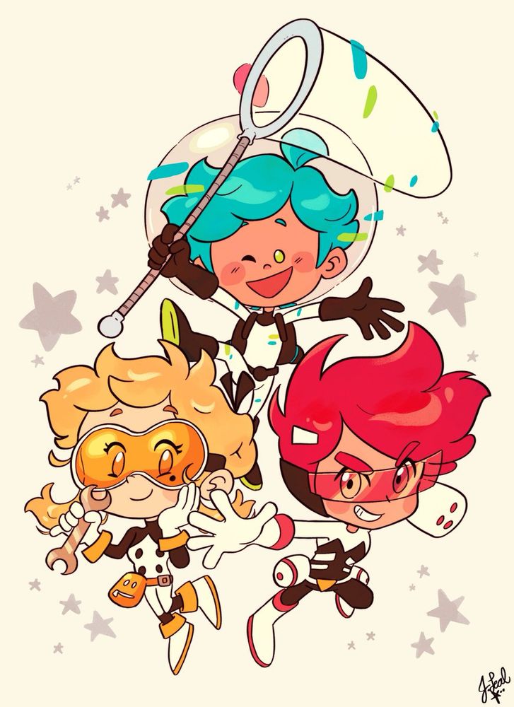 Old Jinkoverse Art I made back in college (2017 probably.) Features a dot eyed Jinko, twinky Yusah and bun haired Pola