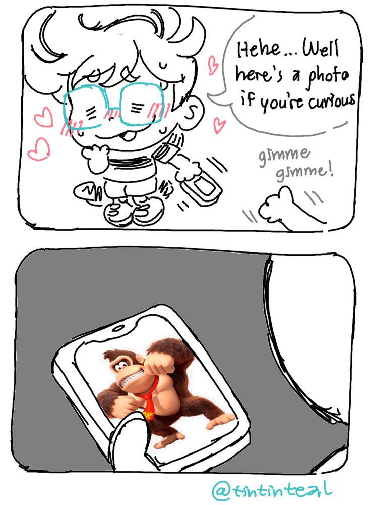 Panel 3: I hand over my phone with a photo of my date. I'm really flushed and flustered

Panel 4: My date is Donkey Kong