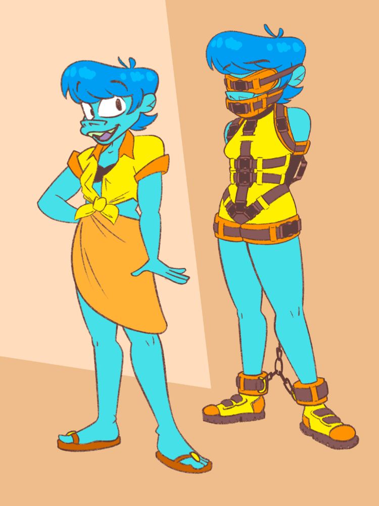 Cartoon of a girl in bondage gear—we see two figures, both the same person, wearing different clothing. The figure on the left is wearing a shirt and skirt and sandals and is smiling broadly. The figure on the right is wearing bondage gear, blindfolded, muzzle gagged, an armbinder, and leg cuffs, all secured with many straps