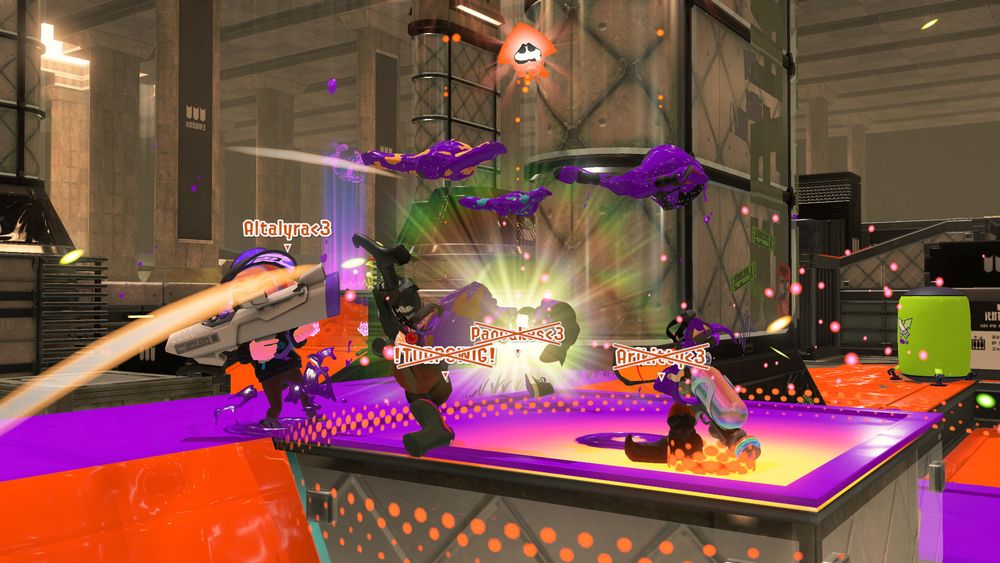 Screenshot from Splatoon 3 of 4 inklings and octolings on Undertow Spillway Rainmaker having just been blown up by the rainmaker self destructing after running out of time.