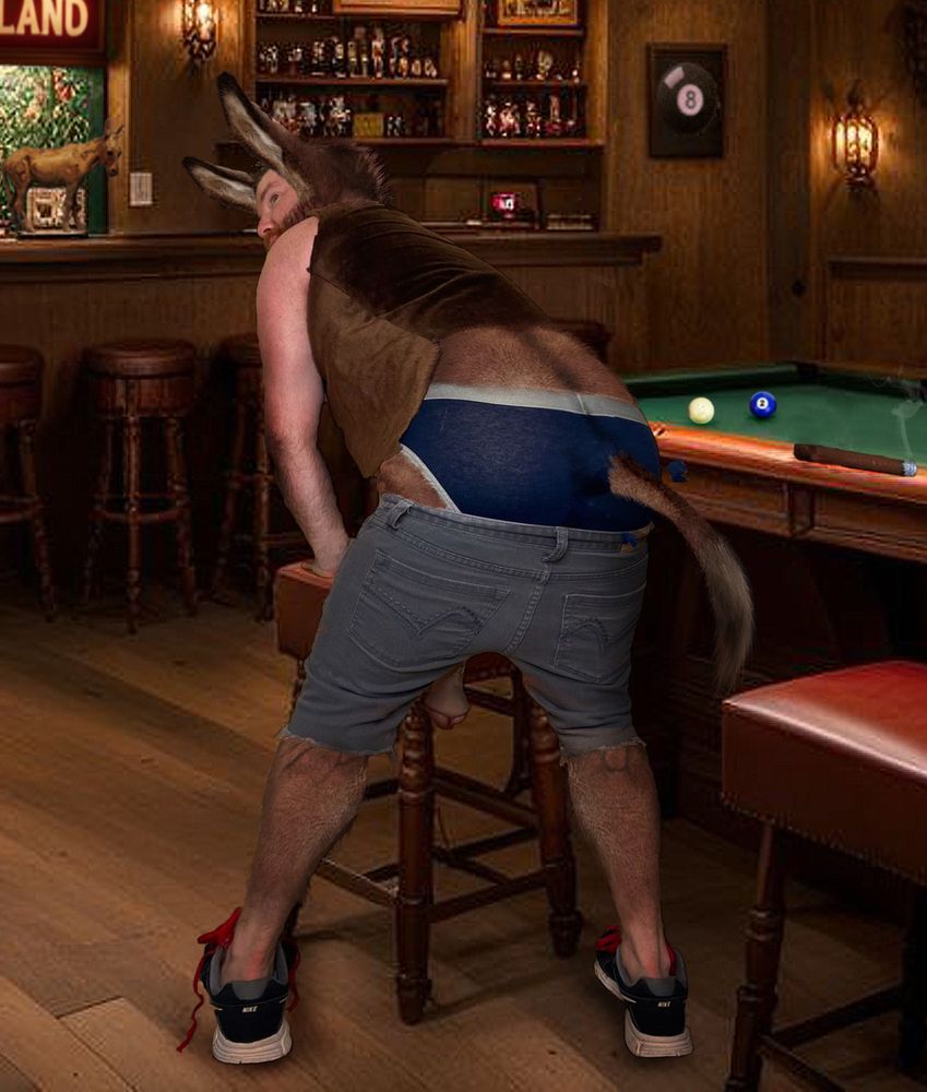 A donkeyeared musclebear turned around leaning over a stool. His blue briefs exposed as a donkey tail shoots out of them.