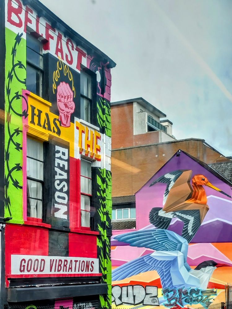 Photo of street art including a large bird mural on Great Victoria Street in Belfast, Northern Ireland.