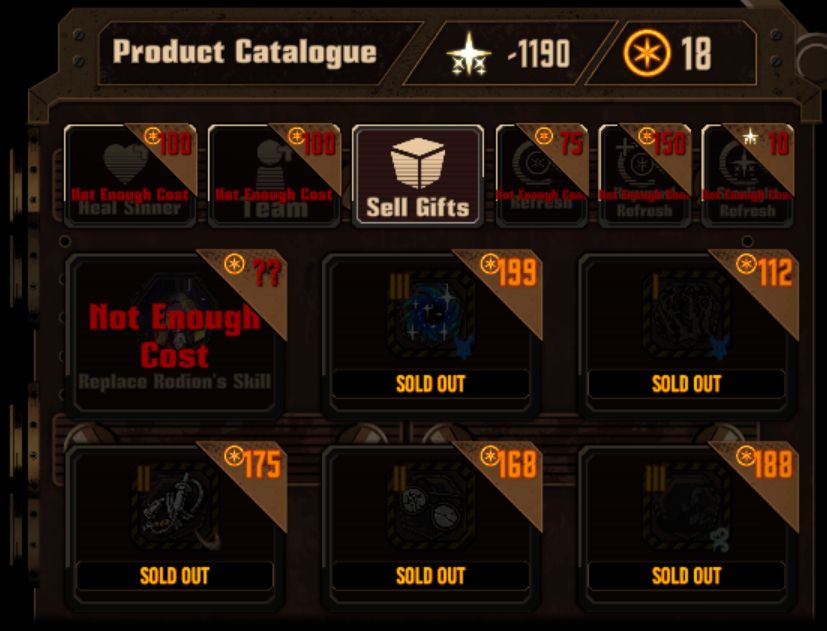 The Mirror Dungeon shop catalogue, with all of the EGO Gifts bought out, everything else unable to be purchased, 1190 starlight spent on refreshes, and 18 cost.