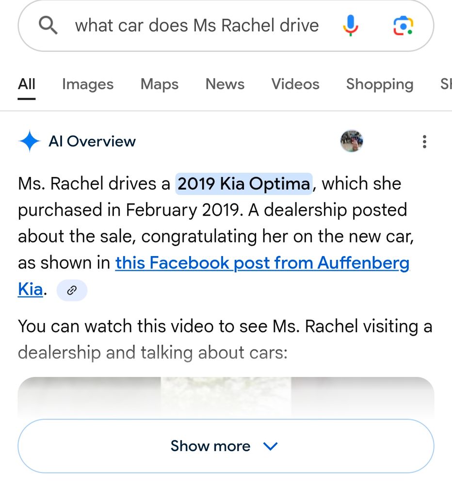 asking Google AI what car Ms Rachel drives, it says she drives a Kia Optima thanks to a Facebook post from the dealership 