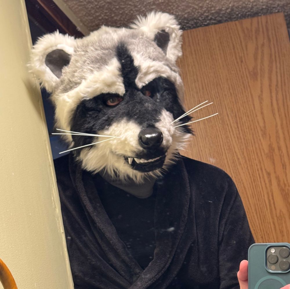 A feral looking raccoon mask which uses the wearer’s own eyes. He’s wearing a robe and taking a photo of himself in a bathroom mirror looking very toothy.