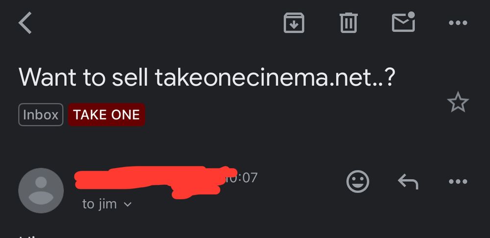 Email with the subject line “Want to sell takeonecinema.net..?”