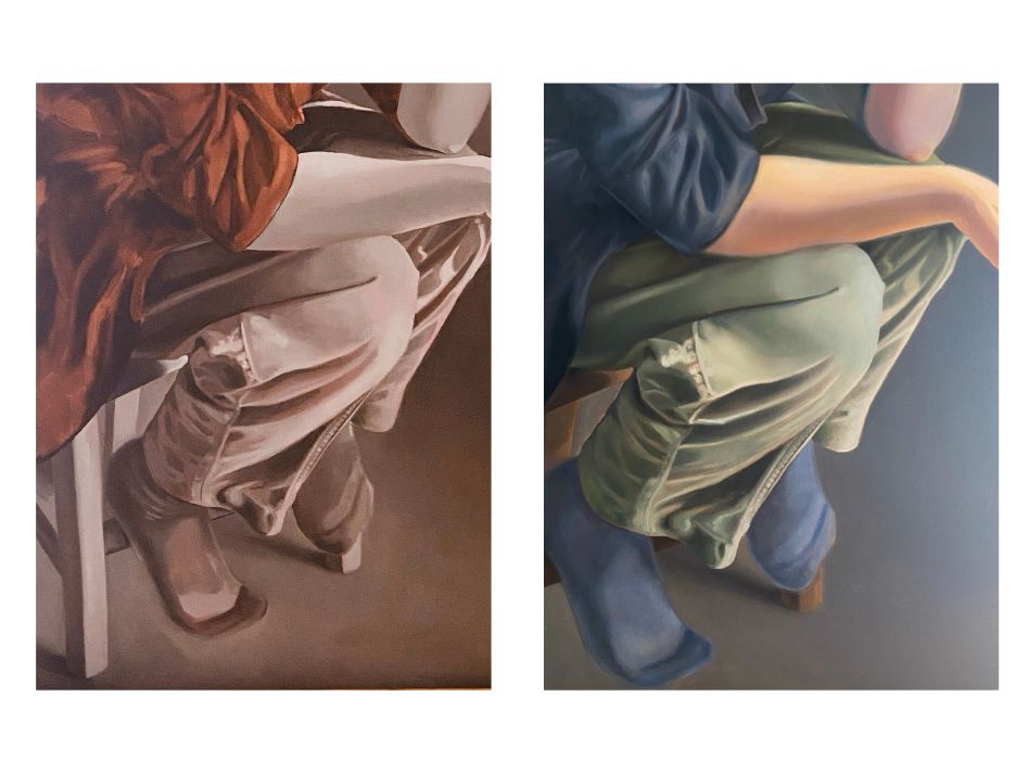A detail of a painting in two forms. The image on the left is the underpainting in gray scale, the image on the right is the final layer in full color. The images are of a detail from a larger paining, in the detail images is the arm of a caucasian woman which rests on her right knee, her feet are resting on the bar of the chair where she sits. She is facing the right of the painting. She is wearing a dark jacket, light green pants, and dark blue socks. 