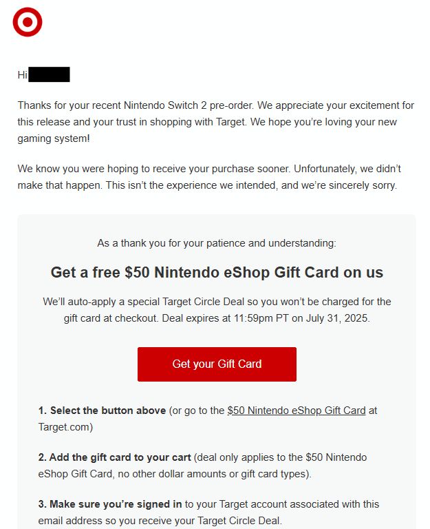 Email of Target giving me a free $50 Nintendo eShop gift card for their switch 2 preorder delays