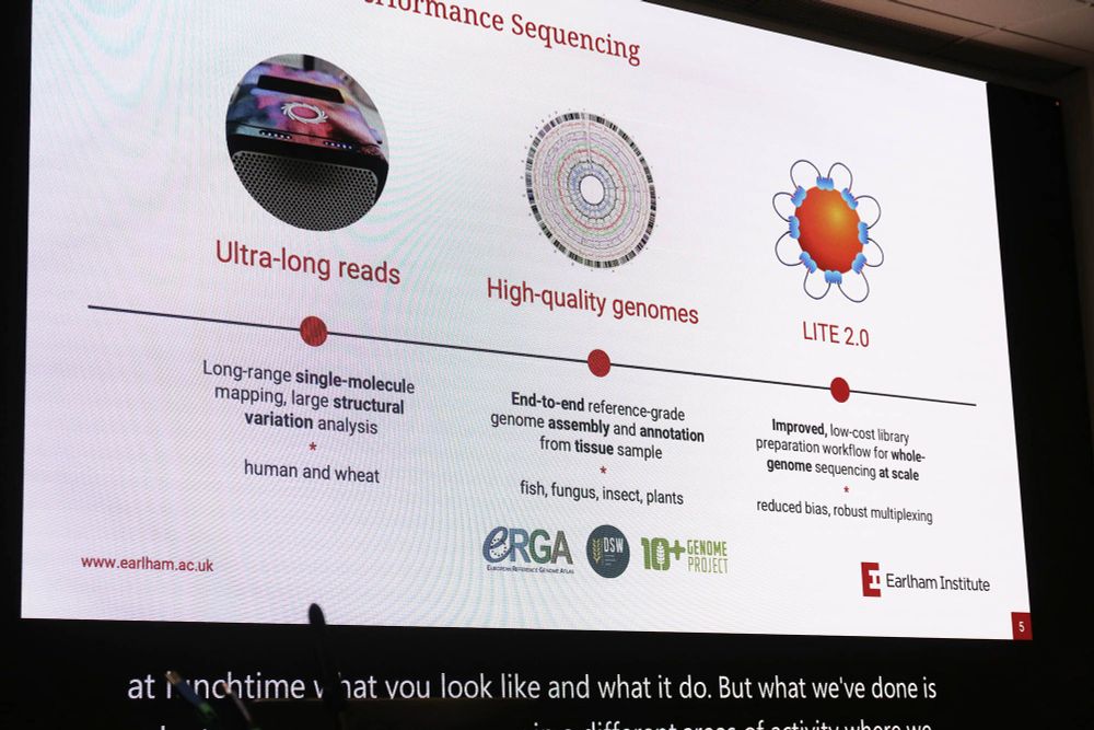 Presentation screen demonstrating the key strands of EI's high-performance sequencing platforms, including ultra-long reads, high-quality genomes assembly and annotation, and low-cost library preparation.