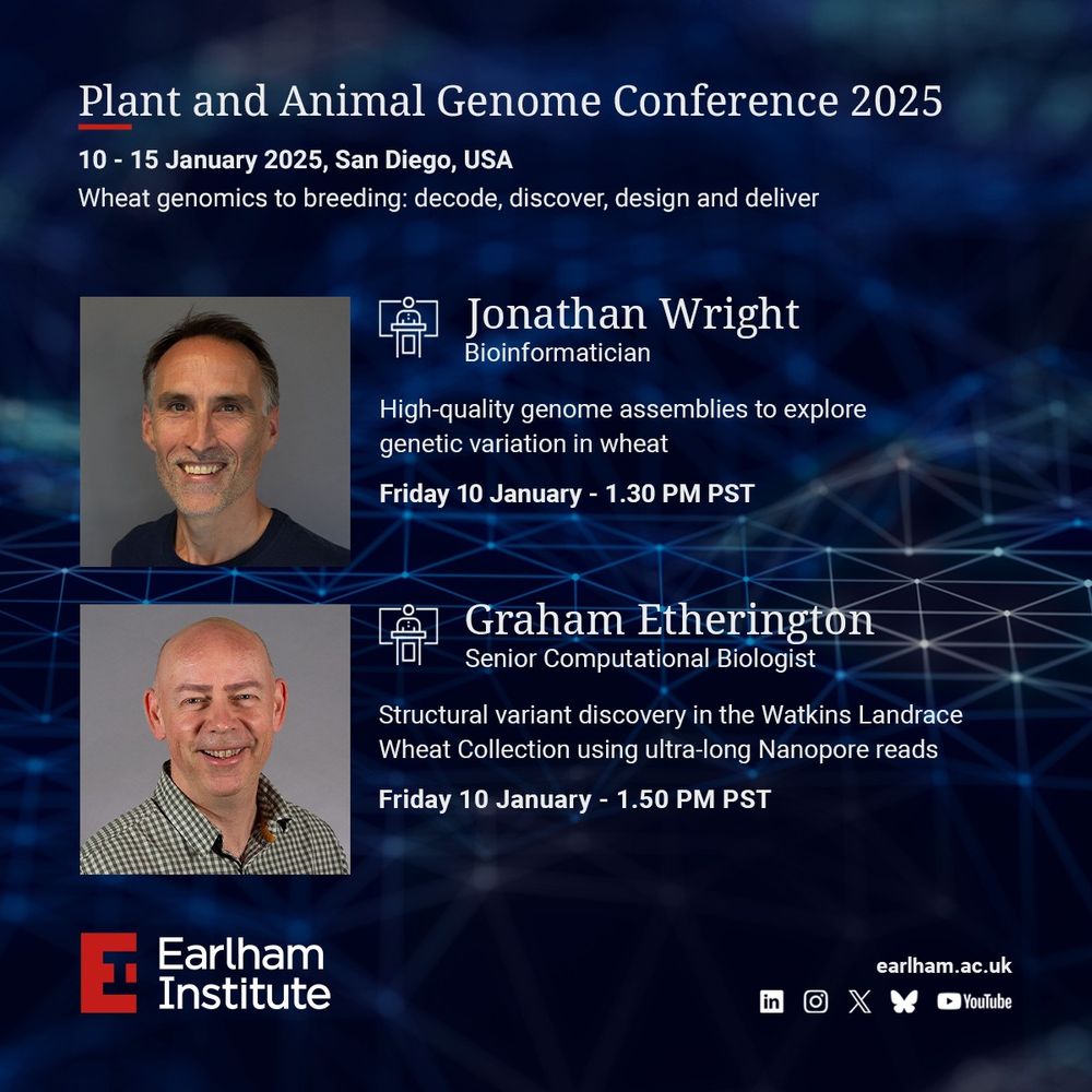 Speakers at the plant and animal genome conference. Jonathan Wright, Bioinformatician. Talk title 'High-quality genome assemblies to explore genetic variation in wheat'. Graham Etherington, Senior Computational Biologist. Talk title 'Structural variant discovery in the Watkins Landrace Wheat Collection using ultra-long Nanopore reads'. 