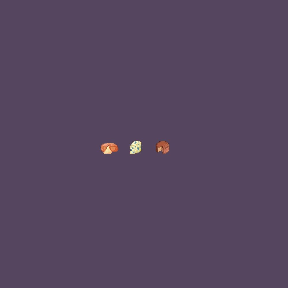 Simple pixel art of 3 types of cheeses, a gooy washed rind, blue cheese, and an alpine cheese