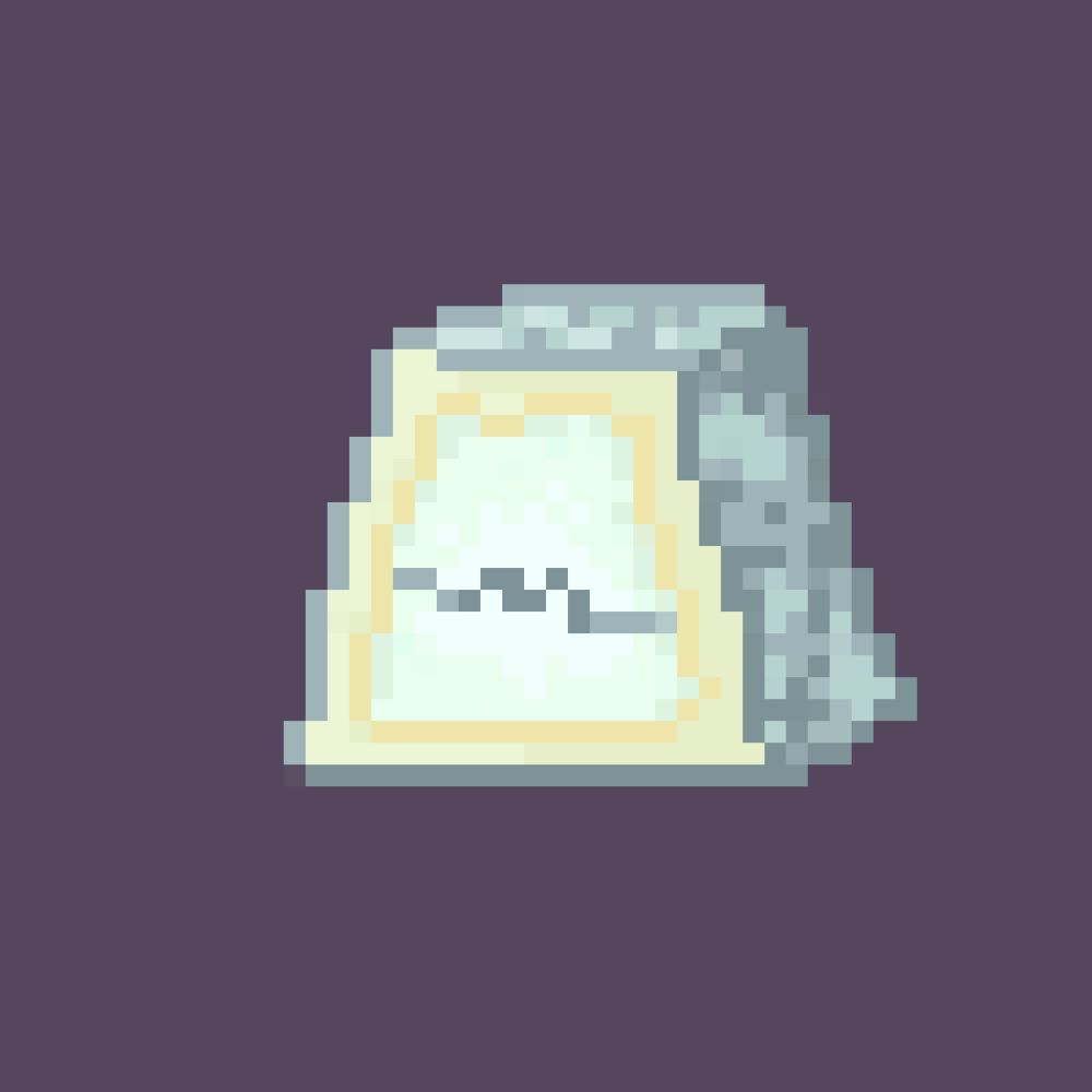 Close up of pixel art of a soft aged goat cheese. Its half of a 3D trapezoid shape with a grey ash line in the center.