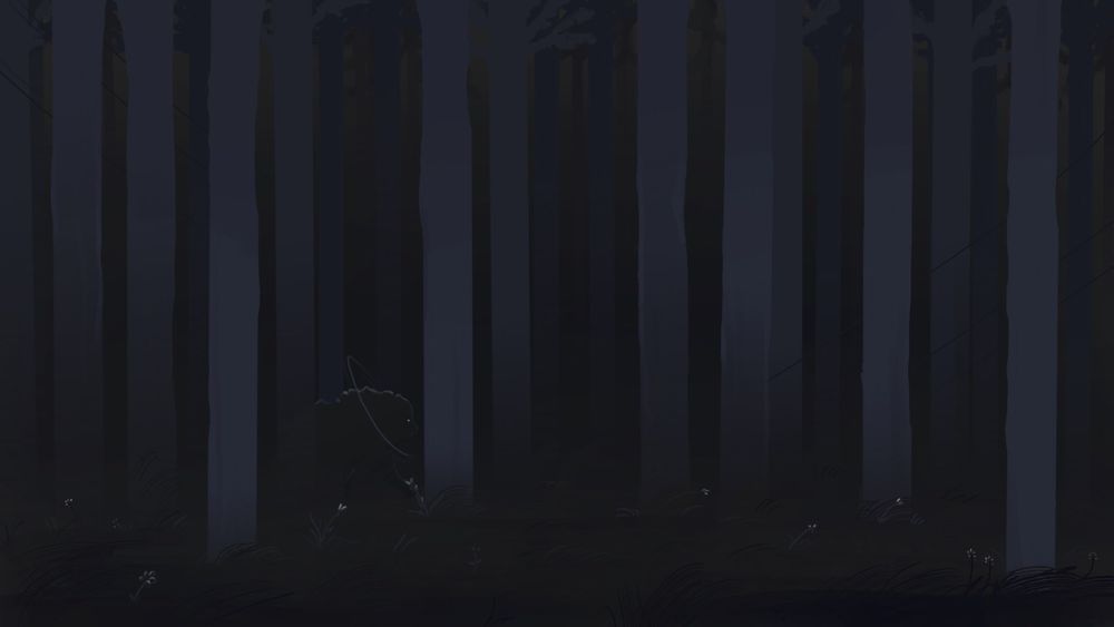 Digital painting of a dark forest. Grey purple trees going up the canvas almost covering all of the dark far background. The ground is a dark grey, almost black with grass thats sligjtly illuminated. A creature is barely seen on the left side, the viewer can slightly see its shape, light dot for an eye, and a floating ring around it's neck.