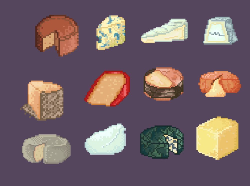 Pixel art of 12 different cheeses, all placed in a grid against a purple background. From left to right first row, alpine style, blue cheese, brie, loire valley goat cheese. Second row, bandaged wrapped cheddar, a wedge of gouda, bark wrapped cheese, washed rine cheese. Bottom row, tomme style, mozzarella, leaf wrapped blue cheese, block cheddar.