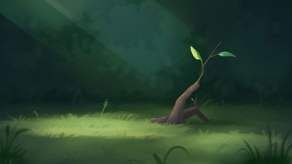Digital painting of a clearing in brush. A plant is off center and looks like a hand covered in bark, "points up" with a branch coming off of the index finger with a couple of leafs. Dappled lighting hits the grassy floor, while the background is an out of focus bush.