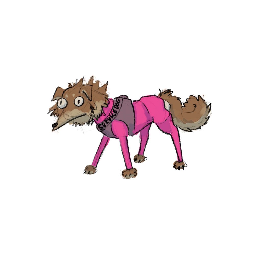 Cartoon digital drawing of a brown dog wearing a hot pink spandex suit, wearing a diaper underneath it. The dogs fur is puffed out of the spandex and its eyes are wide. The dog is also wearing a service dog vest.