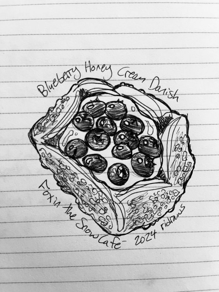 A pen sketch of a blueberry honey cream danish I ate at an amazing cafe, Fox in the Snow, on a trip to Ohio.