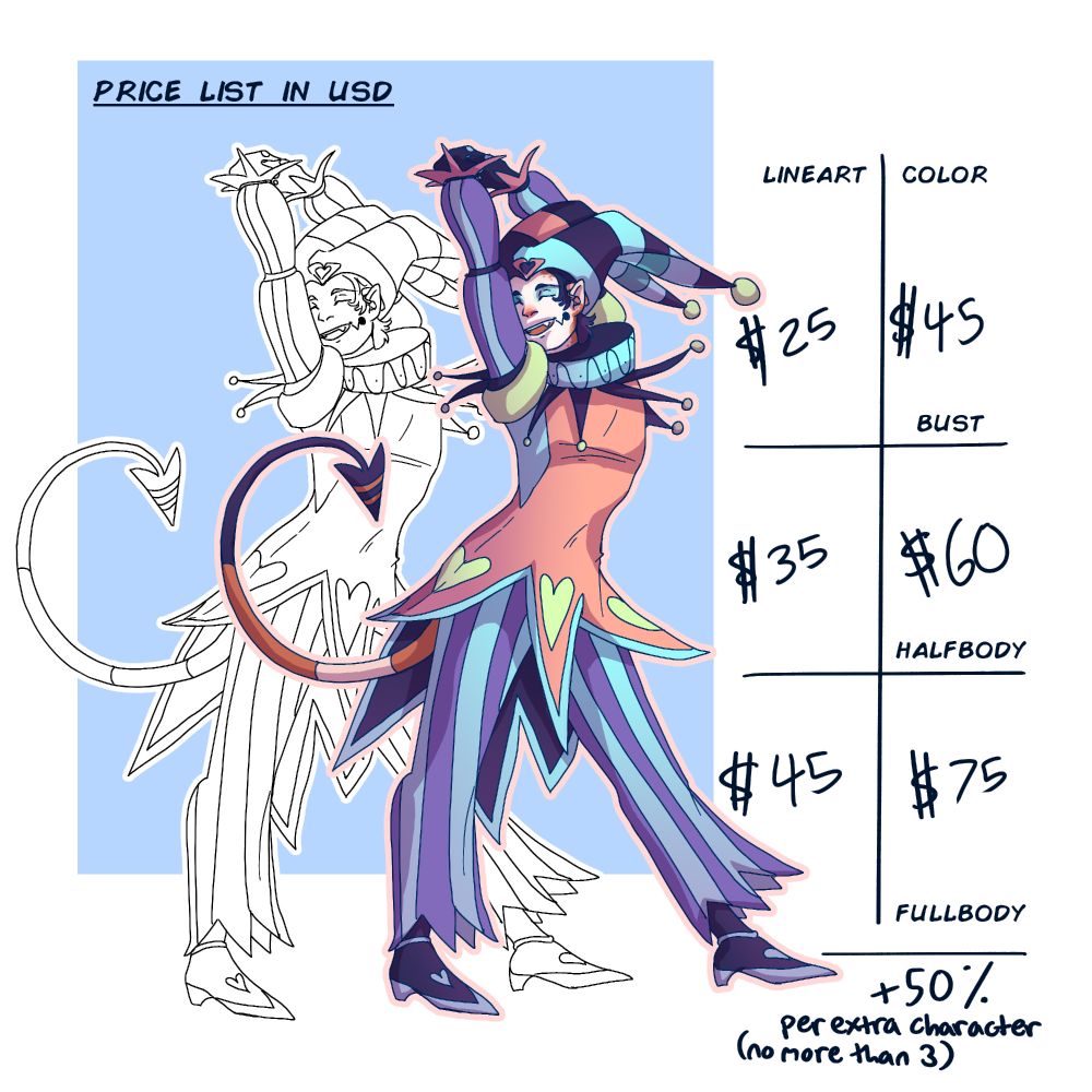 Open commissions 02 showing my prices and an example with Fizzarolli 
Lineart - $25 bust, $35 halfbody, $45 fullbody
Fullcolor - $45 bust, $60 halfbody, $75 fullbody